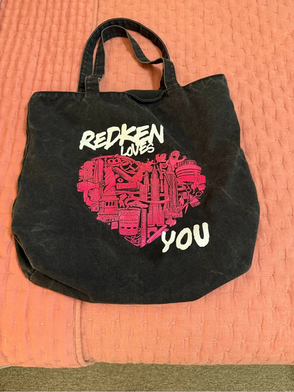 Redken Black denim Tote Bag with Pink Heart Graphic